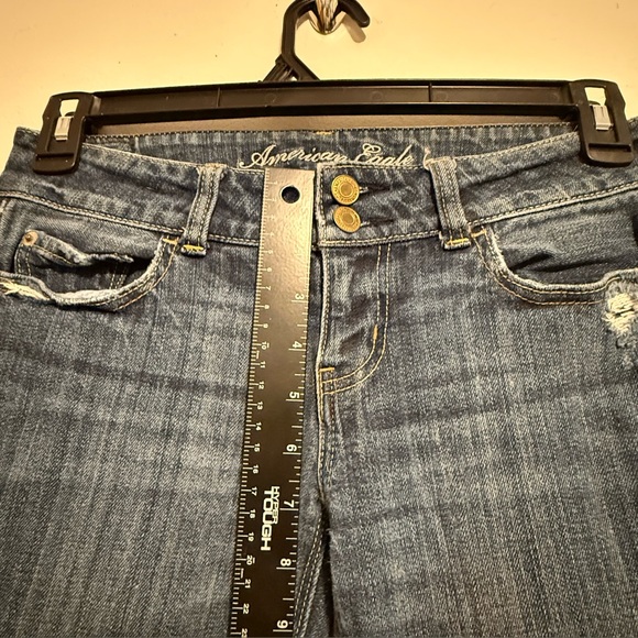 American Eagle Women's Blue Distressed Jeans Size 4 XLong Double Button Flared - Picture 6 of 16